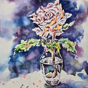 original watercolor painting of a single rose in a glass vase captures the timeless beauty and elegance of the flower by artist Yael Natali