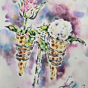 whimsical original watercolor painting combines the elegance of a pink rose with the playful charm of an ice cream cone by artist Yael Natali