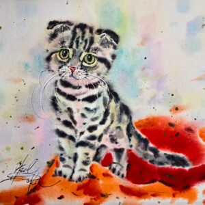 original watercolor painting that captures the charm and innocence of a playful tabby kitten with bright green eyes by artist Yael Natali