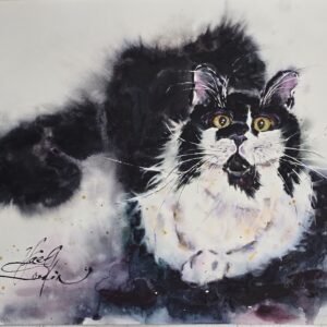 original watercolor painting captures the beauty and charm of a black fluffy cat with striking golden eyes by artist Yael Natali