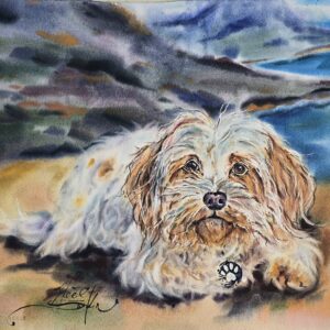 watercolor painting of a Shih Tzu dog resting in nature with a scenic background of mountains and sea by artist Yael Natali