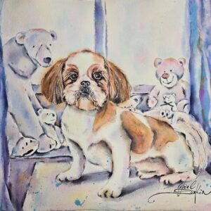 original watercolor painting features a charming Shih Tzu puppy surrounded by teddy bears, blending tenderness, playfulness, and vibrant artistic expression by artist Yael Natali