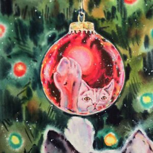 christmas cat watercolor painting, cat inside red ornament, festive holiday art by artist Yael Natali