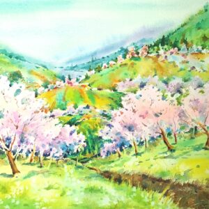 original watercolor painting of a blooming orchard with pink blossom trees, green hills, and spring landscape scenery by artist Yael Natali