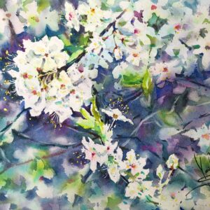 original watercolor painting of blossoming tree with white spring flowers and green foliage by artist Yael Natali