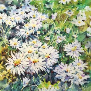 original watercolor painting of white chamomile flowers in a green summer garden by Yael Natali