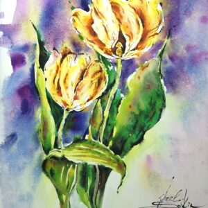 Original watercolor painting of yellow tulips by artist Yael Natali. Vibrant floral artwork featuring golden tulips with green leaves on a soft violet and blue background, symbolizing spring, light, and renewal. Hand-painted botanical wall art in expressive modern watercolor style
