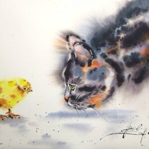 Original watercolor painting of a fluffy cat curiously looking at a small yellow chick by Yael Natali. Animal art in soft pastel tones, symbolizing curiosity and friendship - perfect wall decor for cat and bird lovers