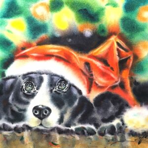 Original watercolor painting of a black dog in a red Santa hat by Yael Natali. Christmas pet art with festive holiday lights, cozy atmosphere, and emotional expression.