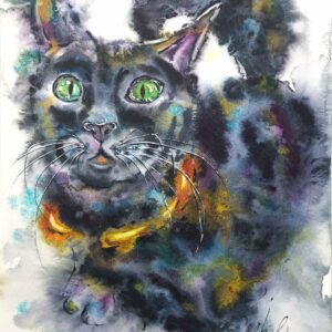 original watercolor painting “Colorful Black Cat” by Yael Natali - expressive portrait of a black cat with bright green eyes and multicolored fur in yellow, blue, and violet tones, modern animal art