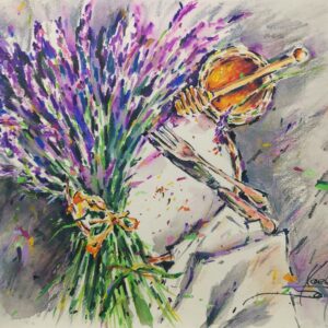 original watercolor pencil still life painting lavender and honey by yael natali, purple lavender bouquet with honey jar and napkin on table by Yael Natali