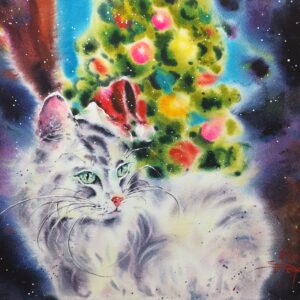 original watercolor painting of white fluffy cat with green eyes sitting near decorated christmas tree, holiday wall art, signed by artist yael natali
