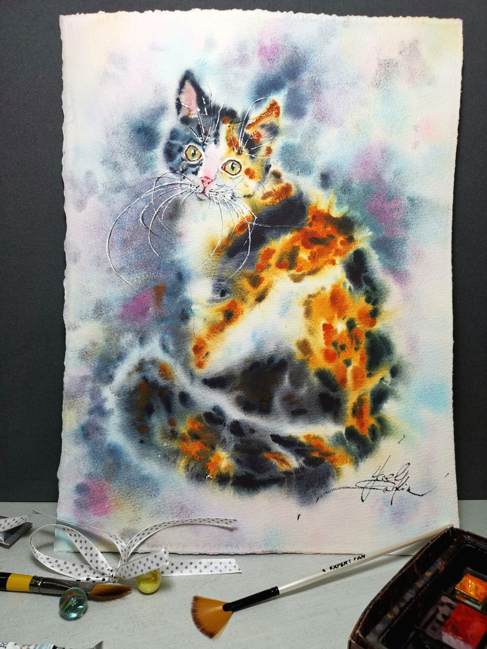 original watercolor calico cat painting, hand painted feline wall art, signed by artist yael natali