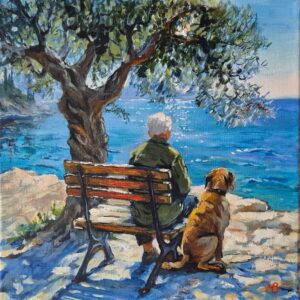 original-painting-Greece-seascape-man-dog-by-Marina-Beikmane