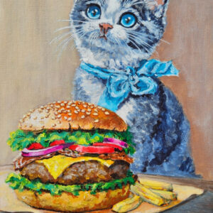 Original painting cat and burger acrylic on canvas by Marina Fisher