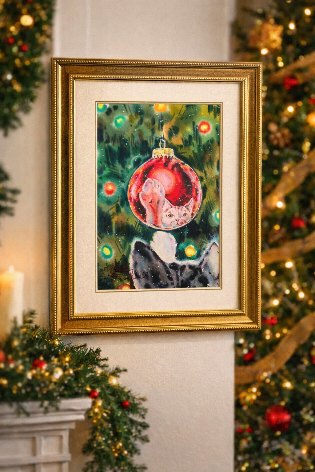 Cat & Christmas Ornament - Original Watercolor Painting - Image 4