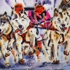 original watercolor painting of husky dogs sled team running in alaska snow, winter dog art, wall decor, signed by artist Yael Natali