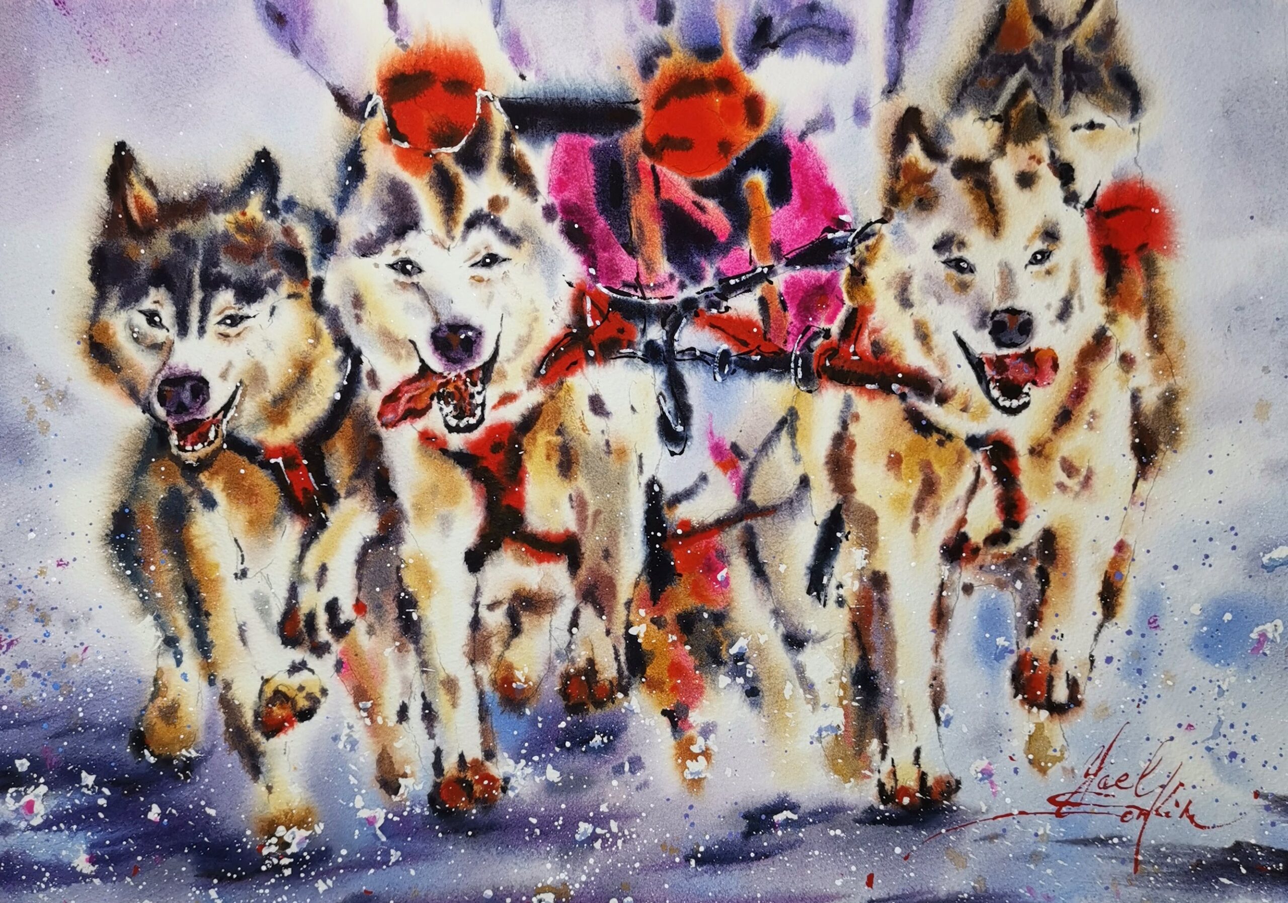 original watercolor painting of husky dogs sled team running in alaska snow, winter dog art, wall decor, signed by artist Yael Natali