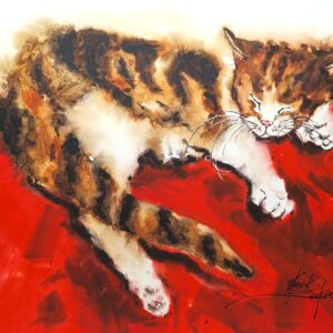 original watercolor painting of a sleeping ginger cat on a red background by artist Yael Natali