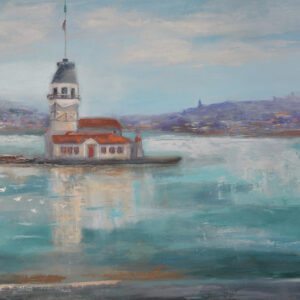 Impressionist Istanbul Bosphorus oil painting with Maiden’s Tower and black cat, showing peaceful water reflections and a soft city skyline.