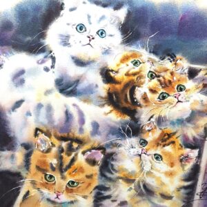 watercolor painting of playful kittens in a box, fluffy orange and white cats with bright green and blue eyes, original cat artwork by Yael Natali