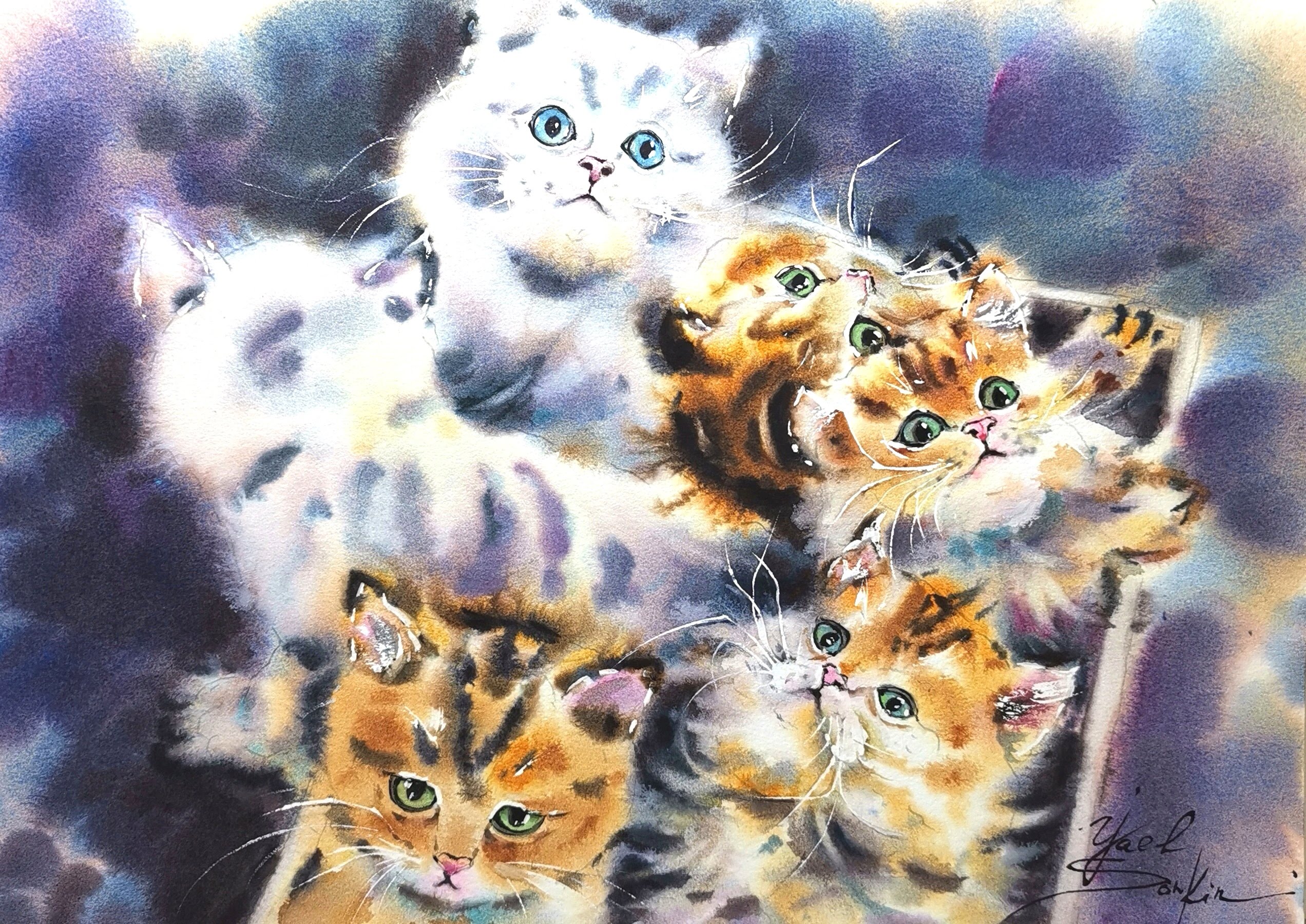 watercolor painting of playful kittens in a box, fluffy orange and white cats with bright green and blue eyes, original cat artwork by Yael Natali