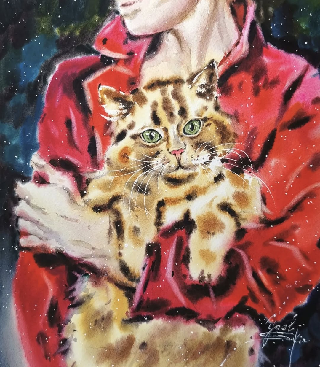 Ginger cat & Girl - Original Watercolor Painting