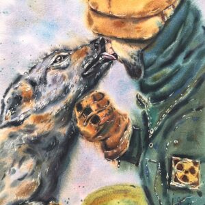 original watercolor artwork depicting a man and his dog in a loving embrace, symbolizing trust and companionship by artist Yael Natali