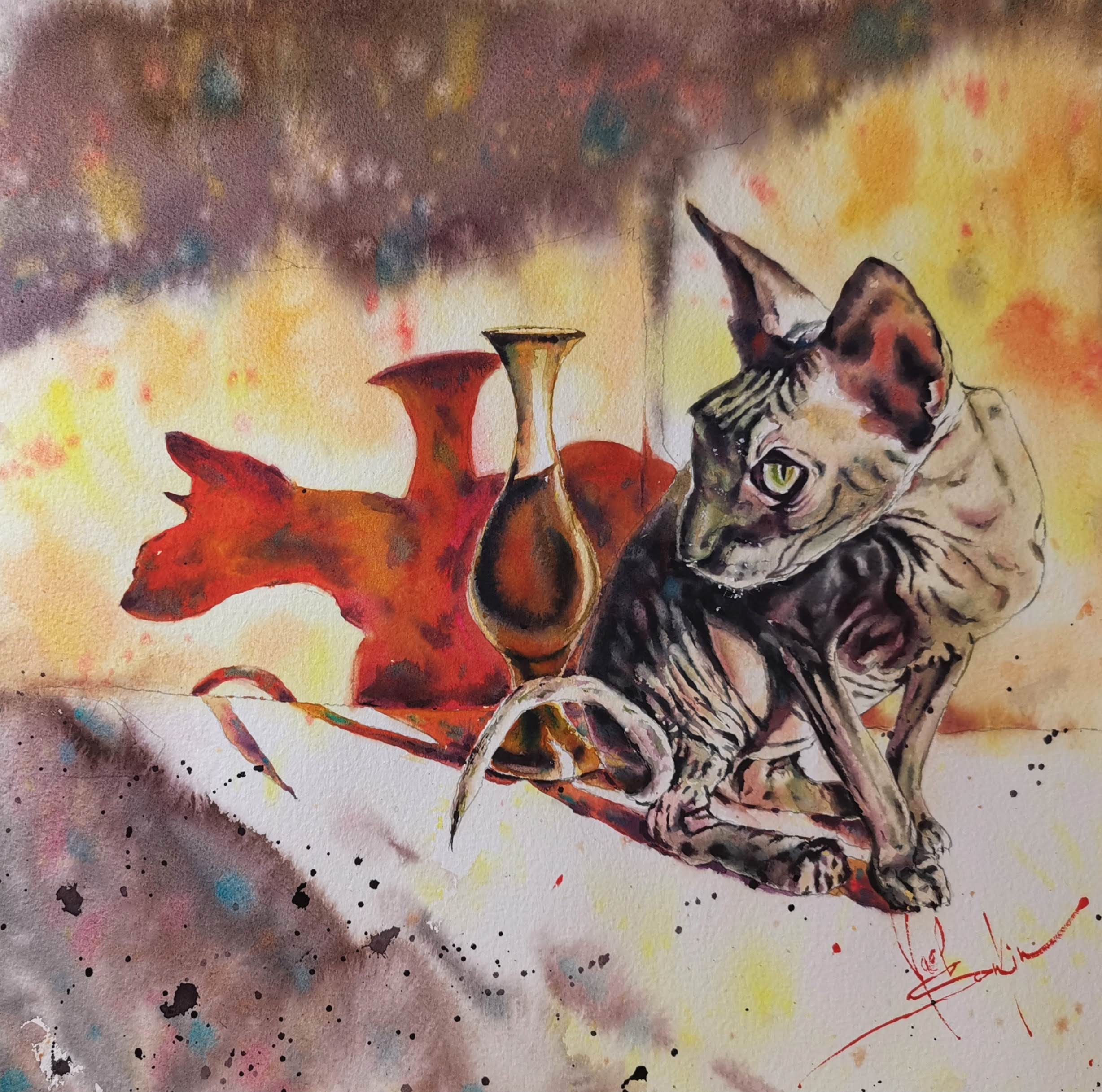 Watercolor painting of a sphynx cat sitting beside a vase in warm sunlight by Yael Natali. The artwork features golden, red, and brown tones, expressive shadows, and a minimalist modern composition — perfect for cat lovers and contemporary art collectors