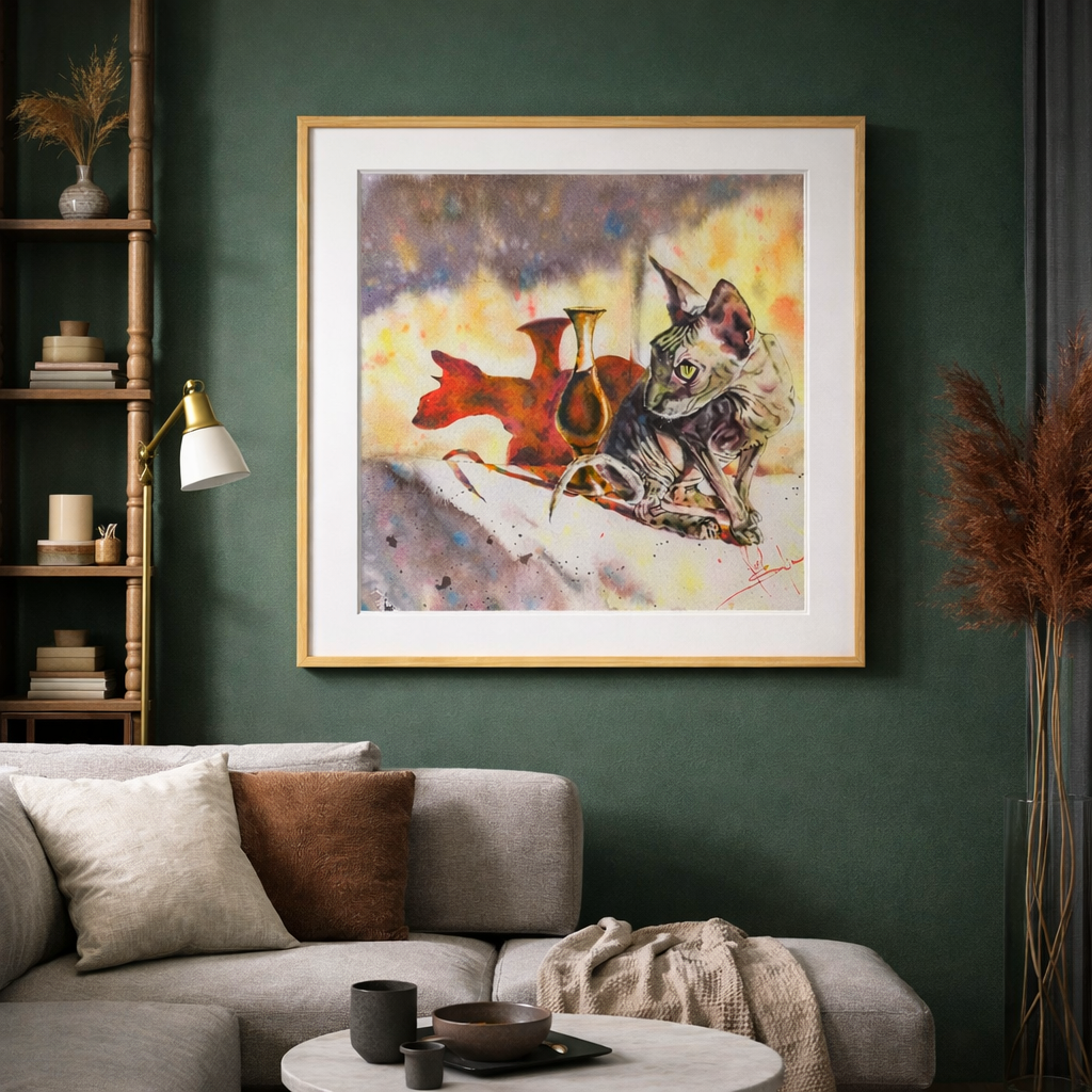Sphynx Cat with Vase - Original Watercolor Painting - Image 4