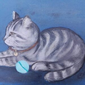 "Cat with a ball" Original oil painting on archival fiberboard, 15x20 cm/5.9x7.9 inches