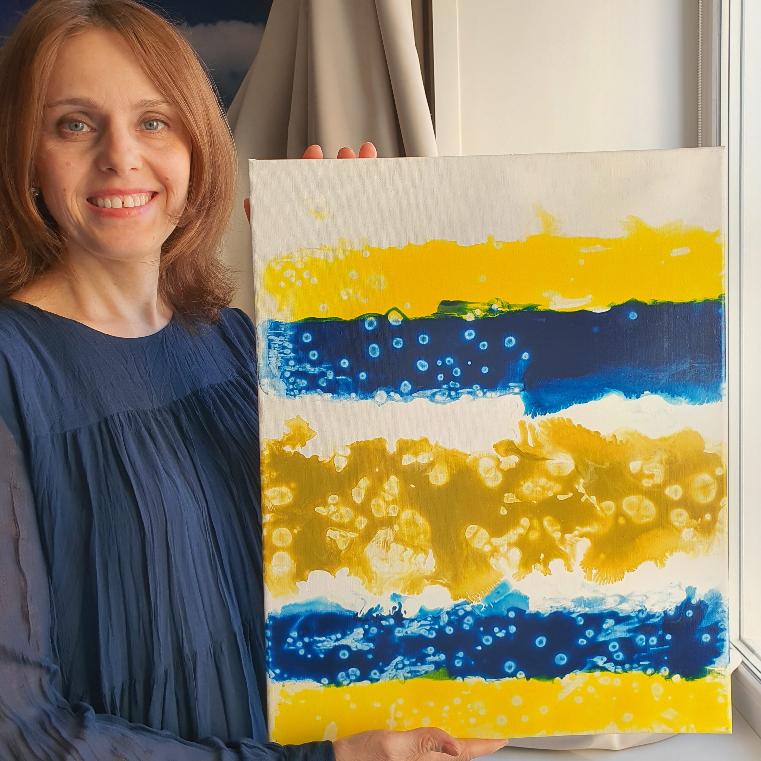 Original painting sea stripe abstract yellow acrylic on canvas by Marina Fisher