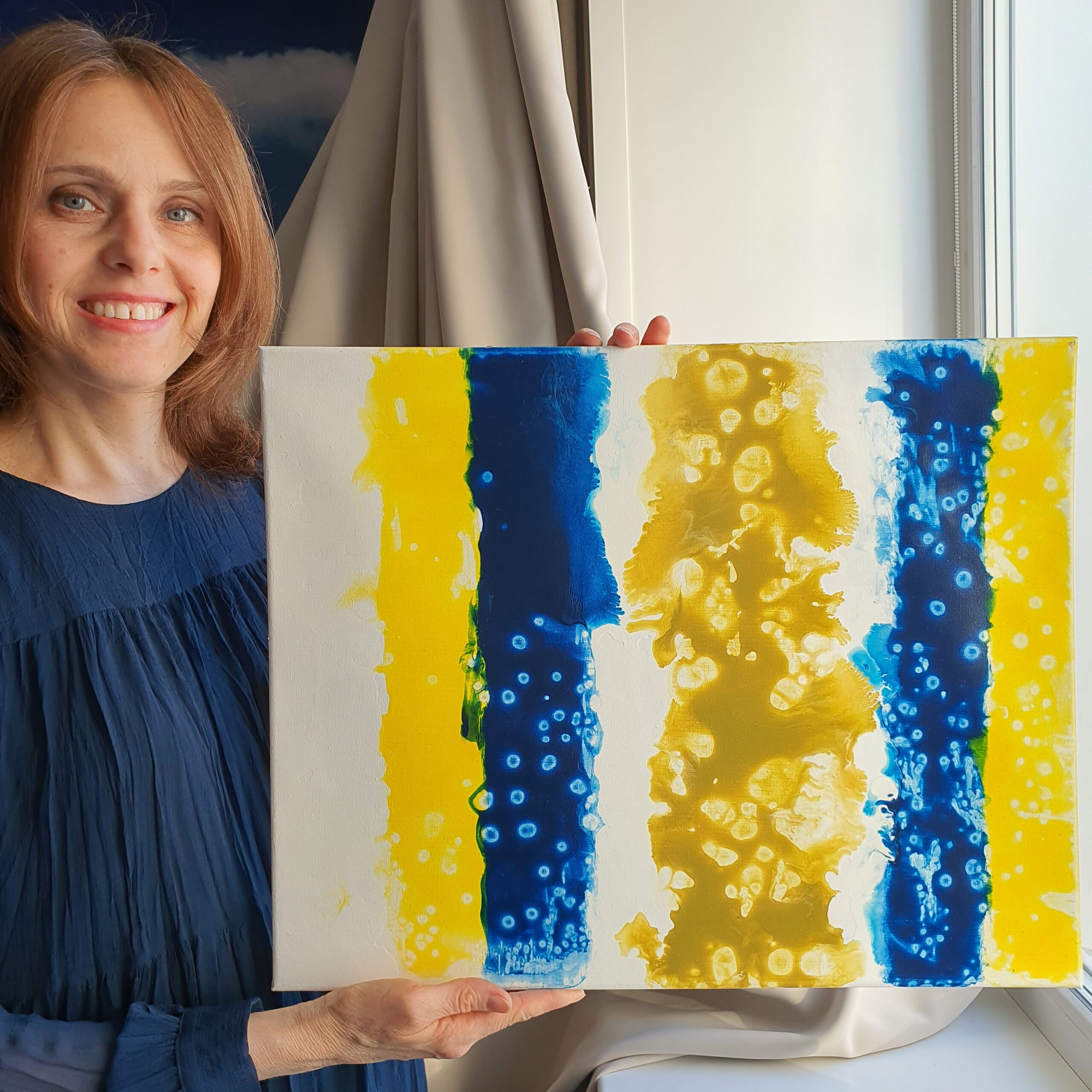 Original painting sea stripe abstract yellow acrylic on canvas by Marina Fisher