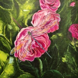 Original painting rose dragonfly flowers floral botanical insects